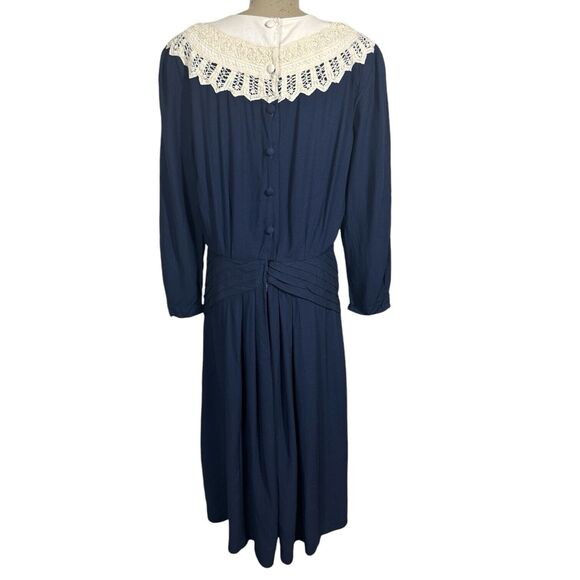 Vintage 80s Kathy Lee Victorian Style Modest Maxi Dress Sz 12 Prairie Navy Blue - Picture 4 of 6